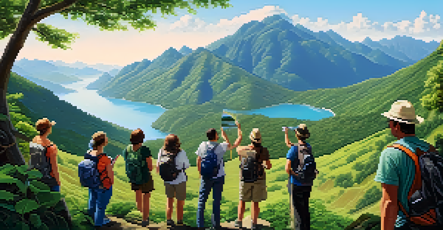 A local guide points out landmarks to tourists during a hike in a lush green landscape with mountains in the background.