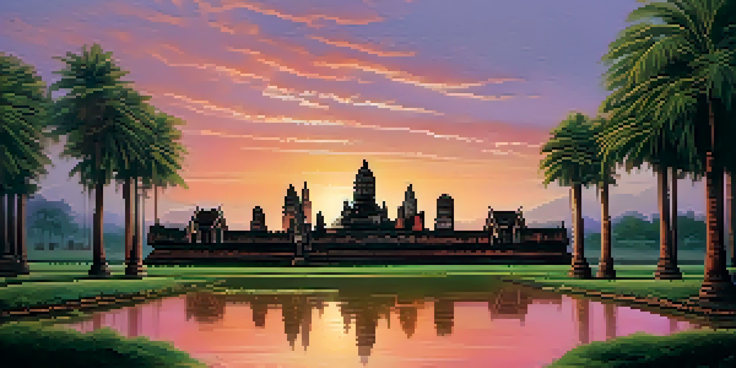 A beautiful sunset view of the ancient ruins of Sukhothai Historical Park featuring a temple and a large Buddha statue, with a pond in the foreground and palm trees.