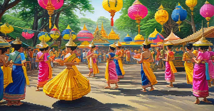 A lively Thai festival scene with people in colorful traditional clothing, surrounded by greenery and lanterns.