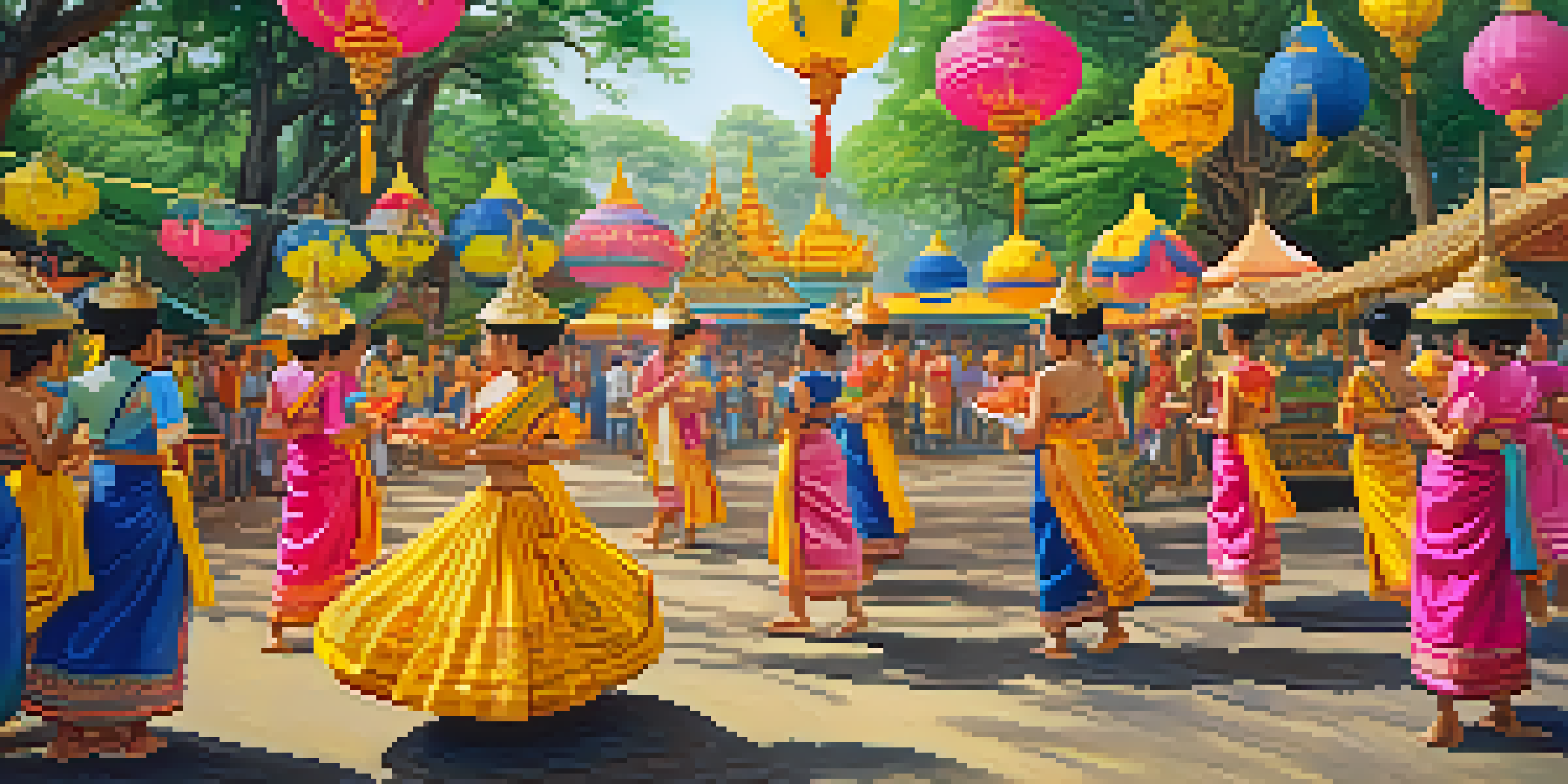 A lively Thai festival scene with people in colorful traditional clothing, surrounded by greenery and lanterns.