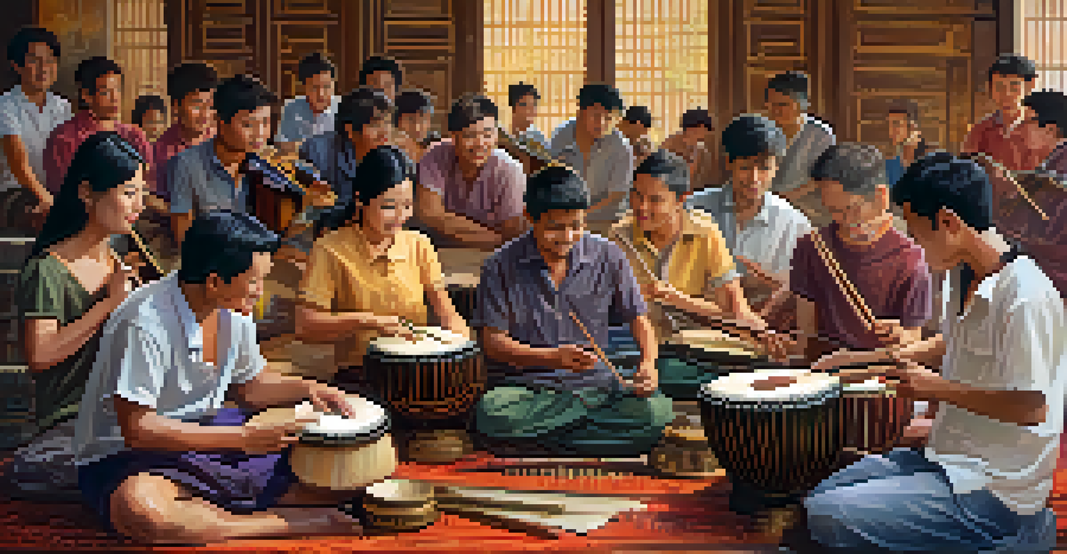 Participants enjoying a Thai music workshop, playing traditional instruments and collaborating in a lively environment.