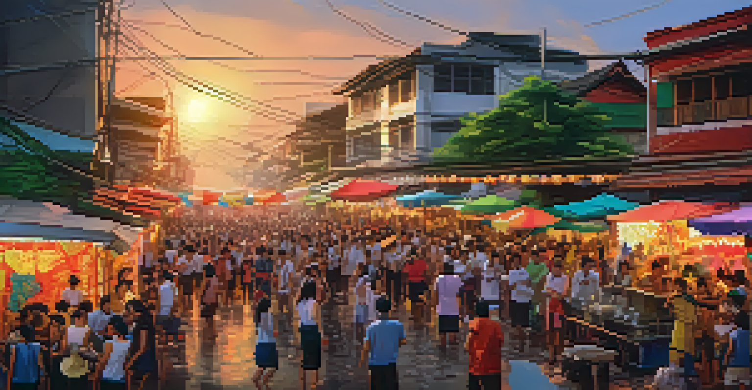 A panoramic view of a lively street party during the Songkran Festival in Bangkok, showcasing water fights and vibrant festivities.
