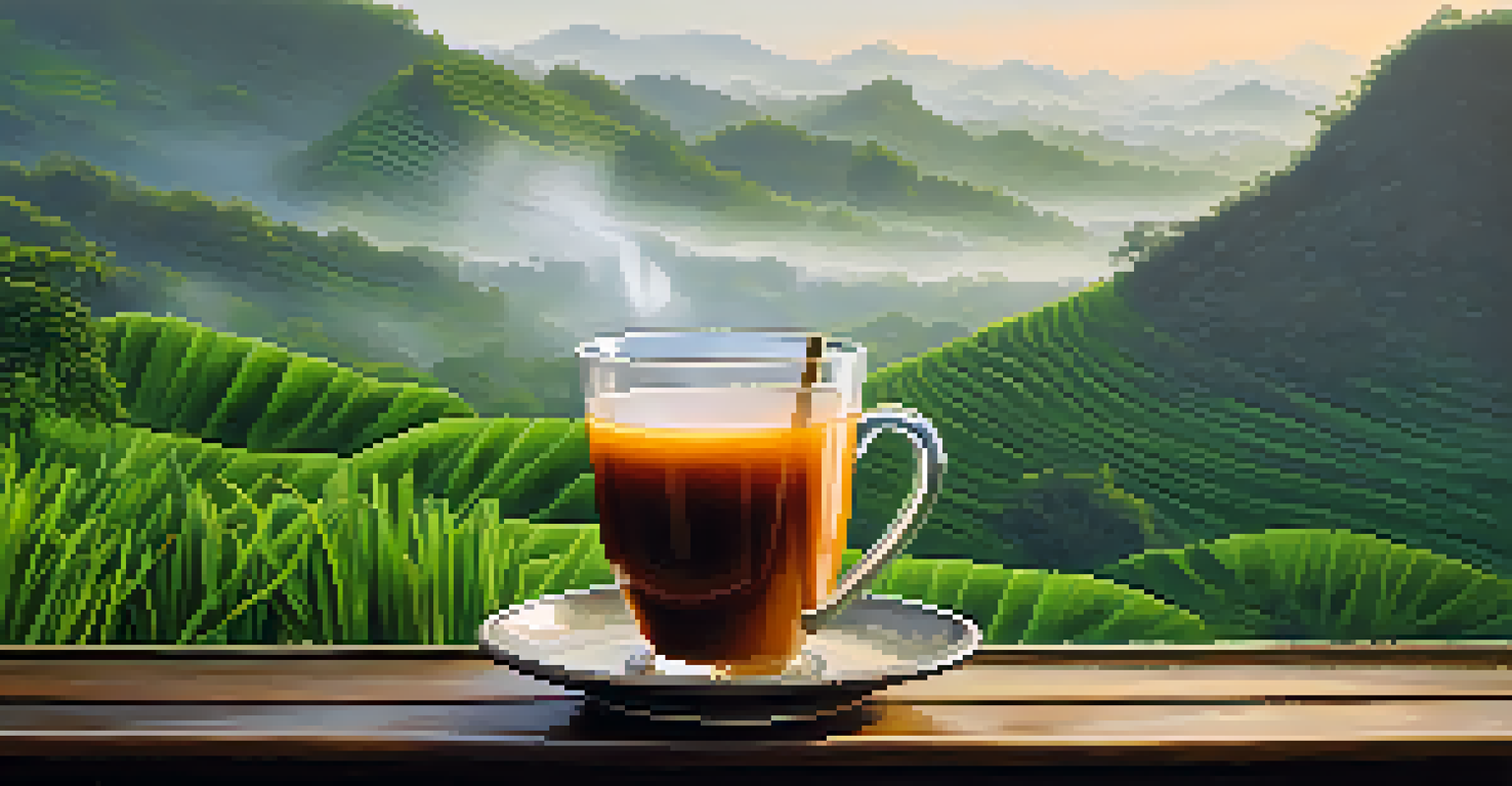 A steaming cup of herbal Thai tea made with lemongrass and pandan leaves on a rustic wooden table, set against lush green hills and a gentle mist.