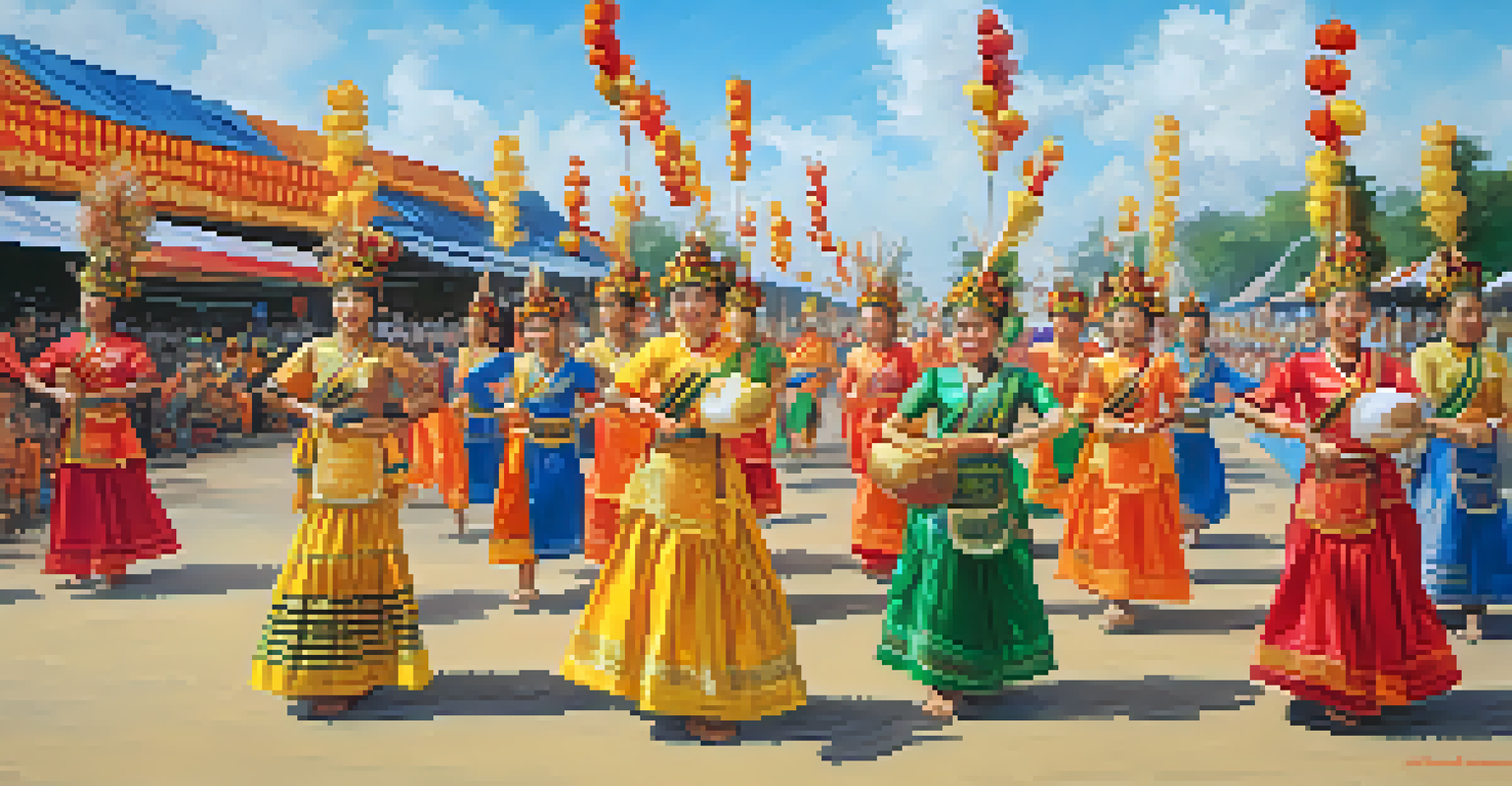 A vibrant celebration of the Bun Bang Fai Rocket Festival in Isan, featuring traditional dancers in colorful costumes and a lively atmosphere.