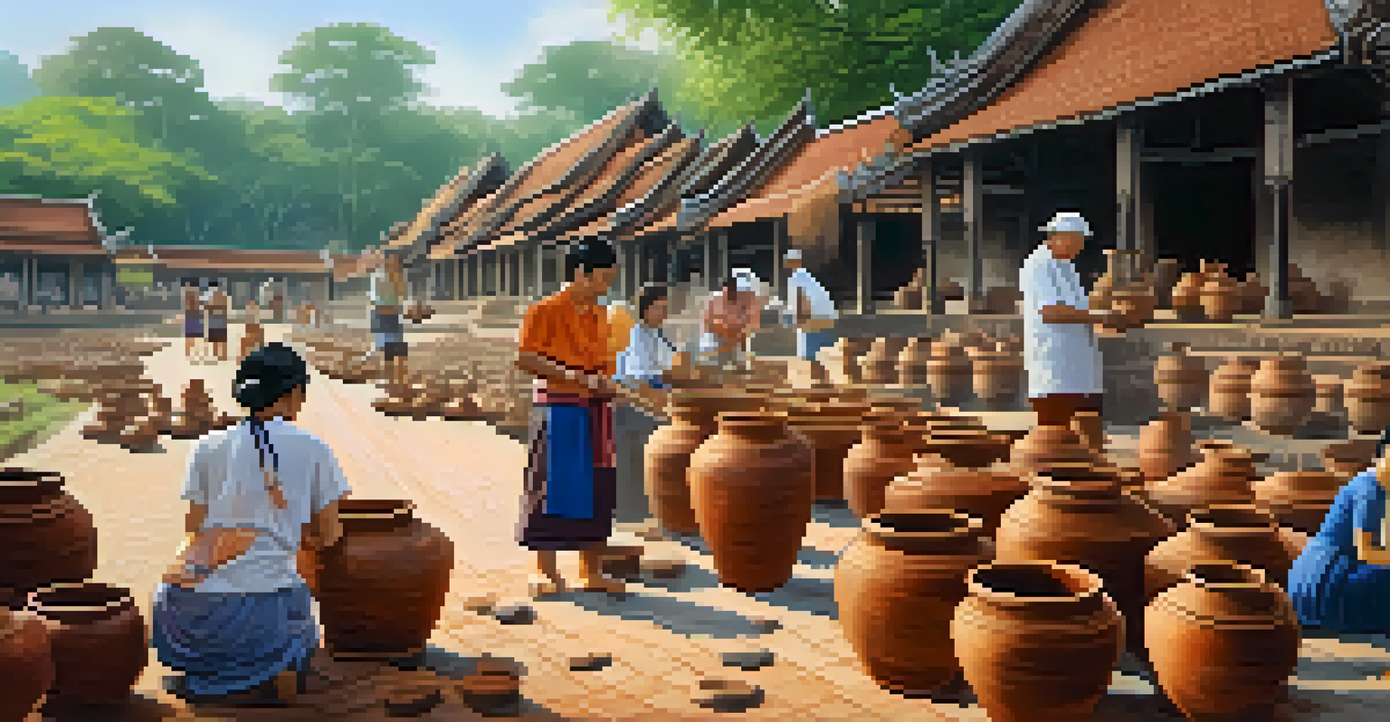 Local Thai artisans engaged in pottery making in Sukhothai, surrounded by colorful clay pots and historical ruins, with visitors observing.