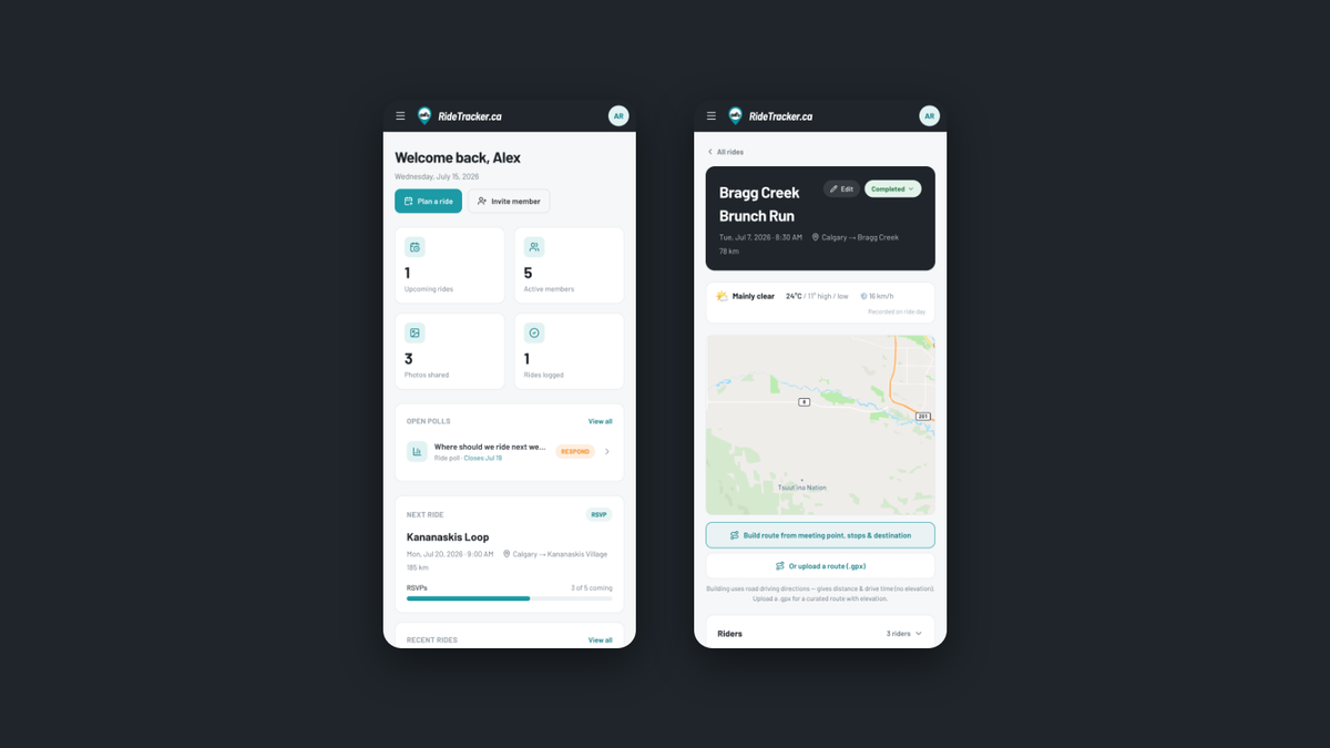The RideTracker app on two phones