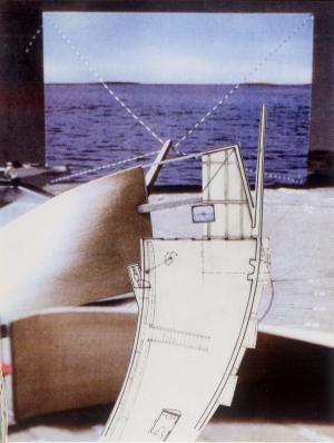 Collage of exterior perspective with shoreline vista 