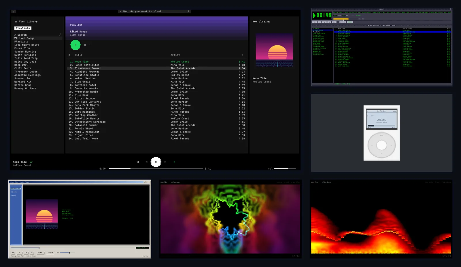 Skinamp's Spotify, Winamp, iPod and Windows Media Player 2000 skins, and two visualizers, playing demo music