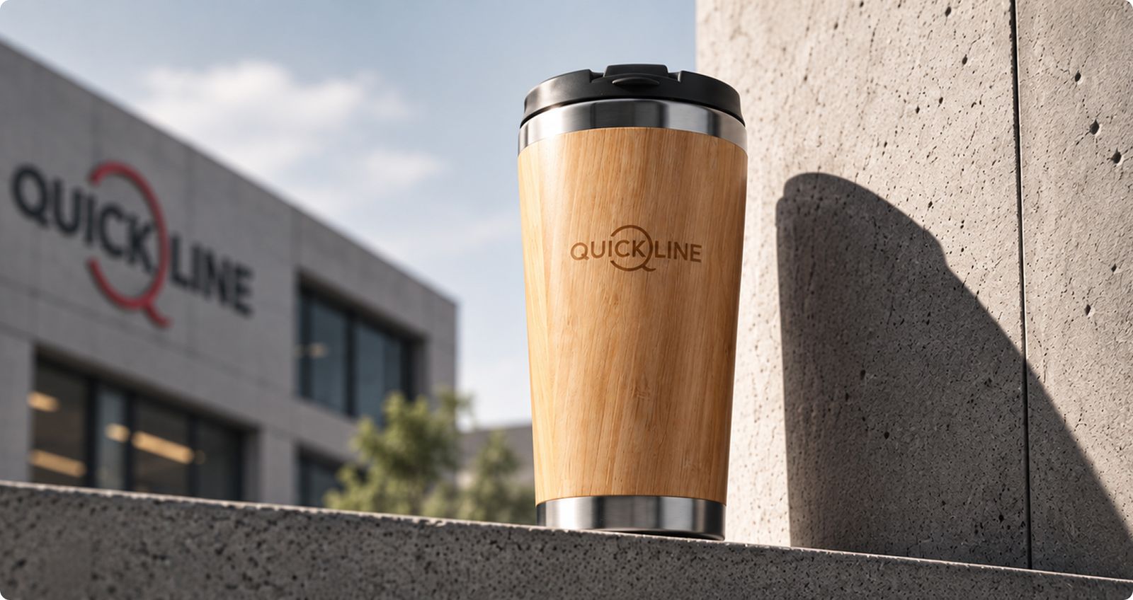 Bambus-Thermobecher mit graviertem Quickline-Logo vor dem Quickline-Gebäude