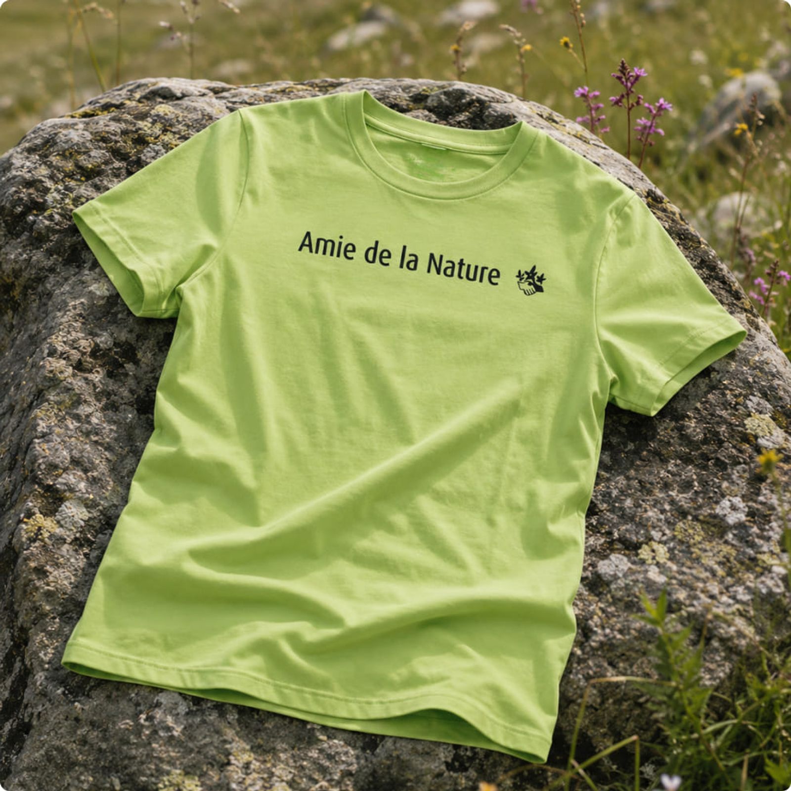 T-shirt en coton certifié OEKO-TEX, imprimé par Twing, posé sur un rocher