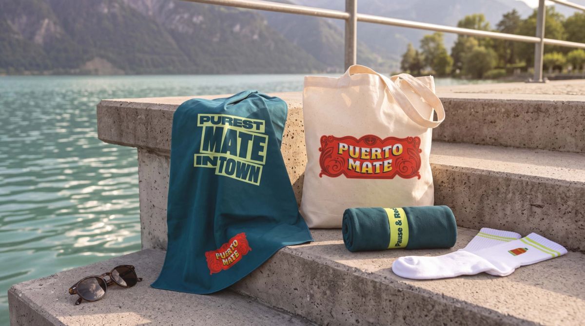 Merch für El Tony Mate und Puerto Mate am See: bedrucktes Badetuch, Stofftasche, Mikrofasertuch und Socken