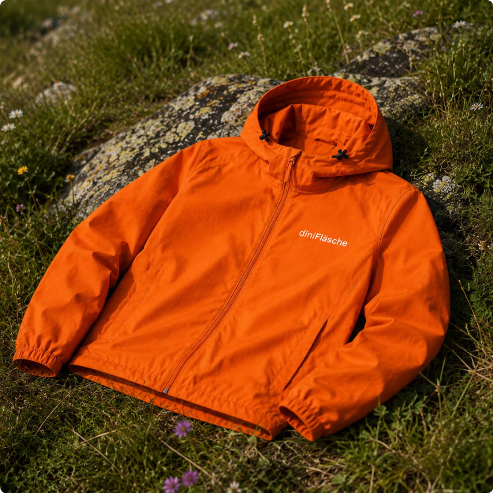 Veste de pluie orange sur un rocher, imprimée par Twing