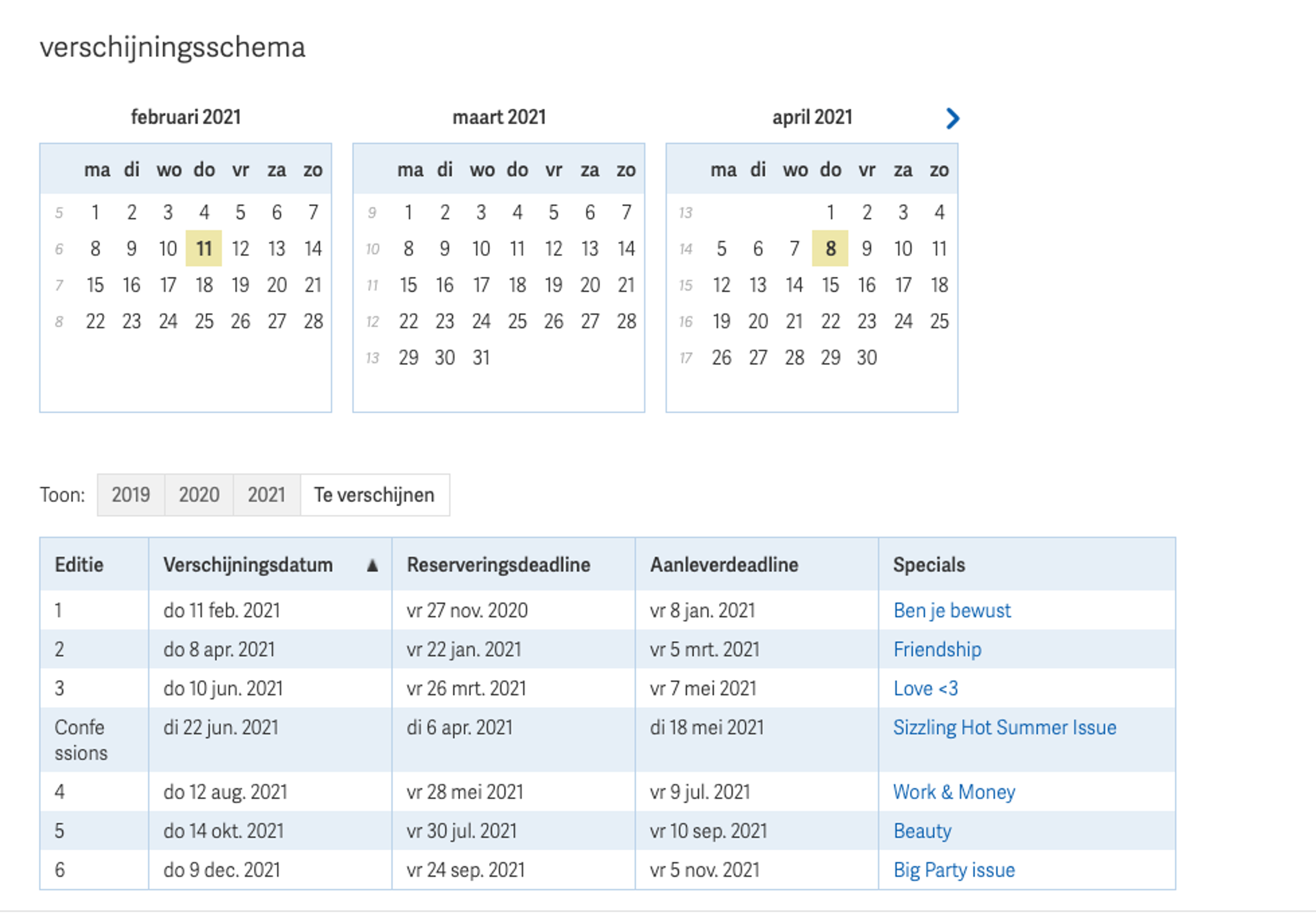 TIP: hier vind je de 2021 verschijningsdata van alle printmedia en online nieuwsbrieven