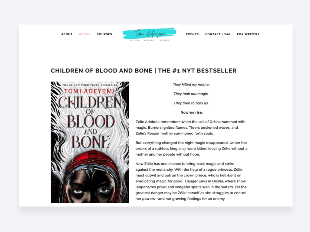 Screenshot of the creative portfolio website of bestselling author Tomi Adeymi