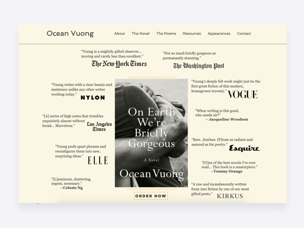 screenshot of ocean vuong's creative writing portfolio website