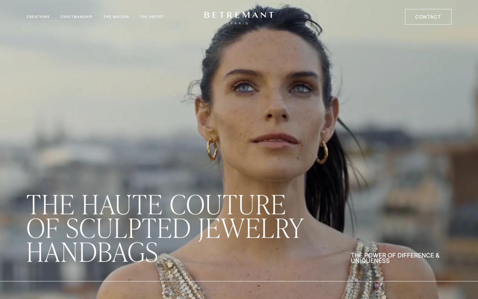 Page d’accueil du site Betremant sur ordinateur : vidéo plein écran et titre « The haute couture of sculpted jewelry handbags »