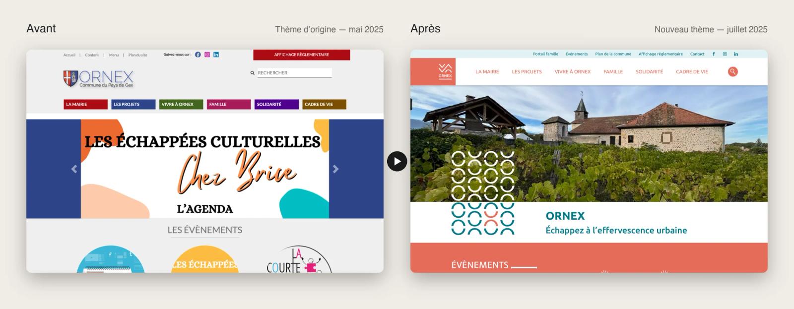 Avant / après : à gauche l’ancien site de la mairie d’Ornex (mai 2025), à droite le nouveau thème (juillet 2025)
