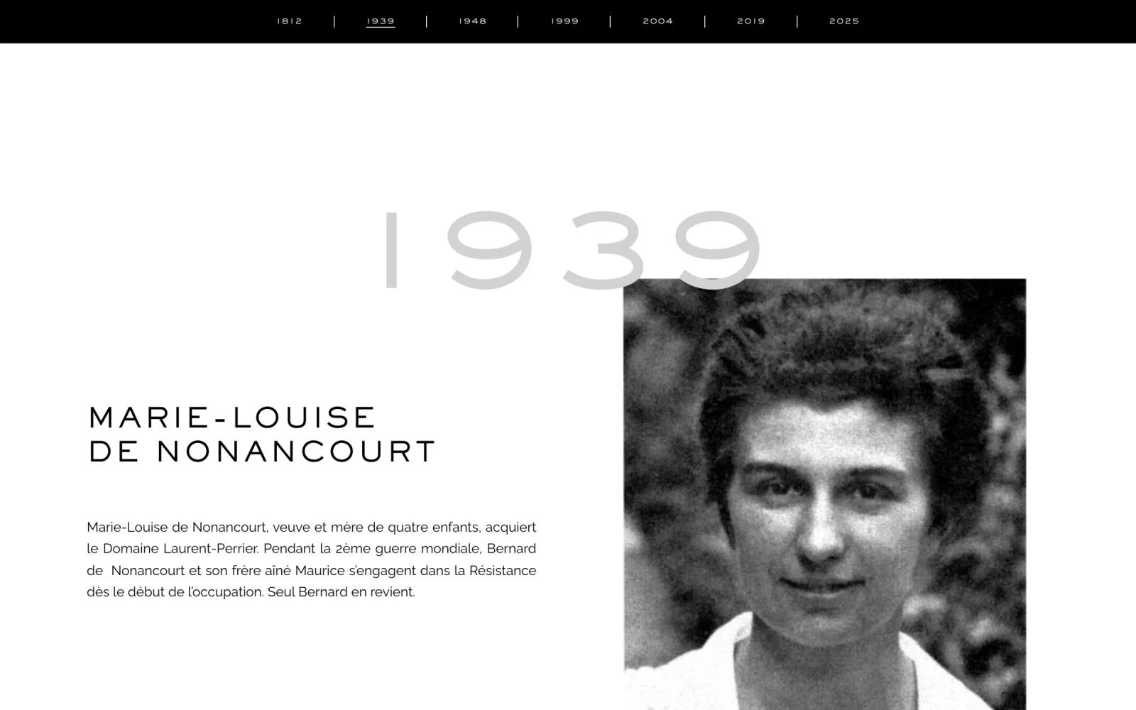 Page « Notre histoire » : frise chronologique avec portraits, ici Marie-Louise de Nonancourt en 1939