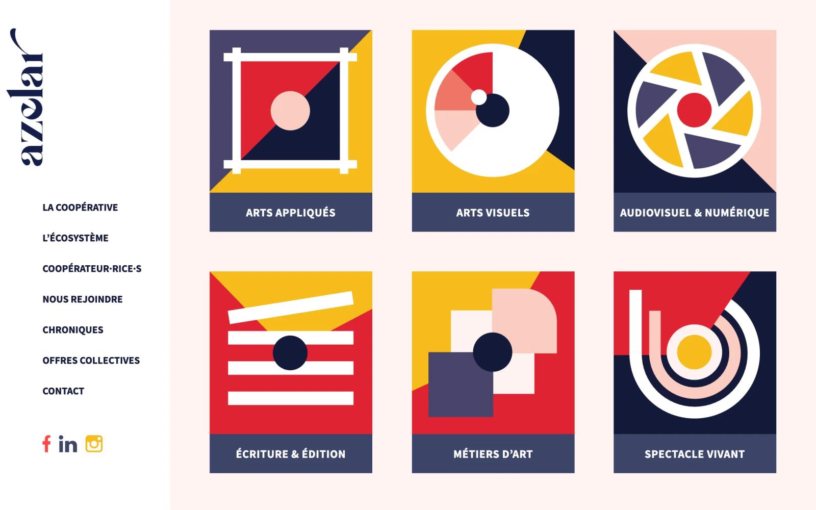 Les six pôles métiers, chacun illustré par une composition géométrique