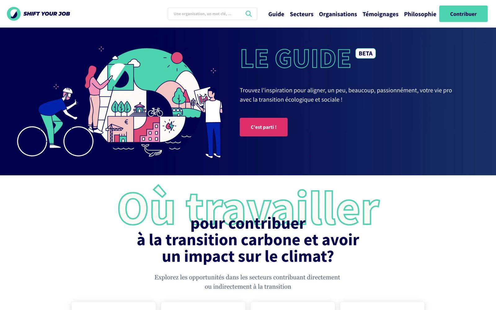 Accueil de Shift Your Job sur ordinateur : illustration du Guide et « Où travailler pour contribuer à la transition carbone »