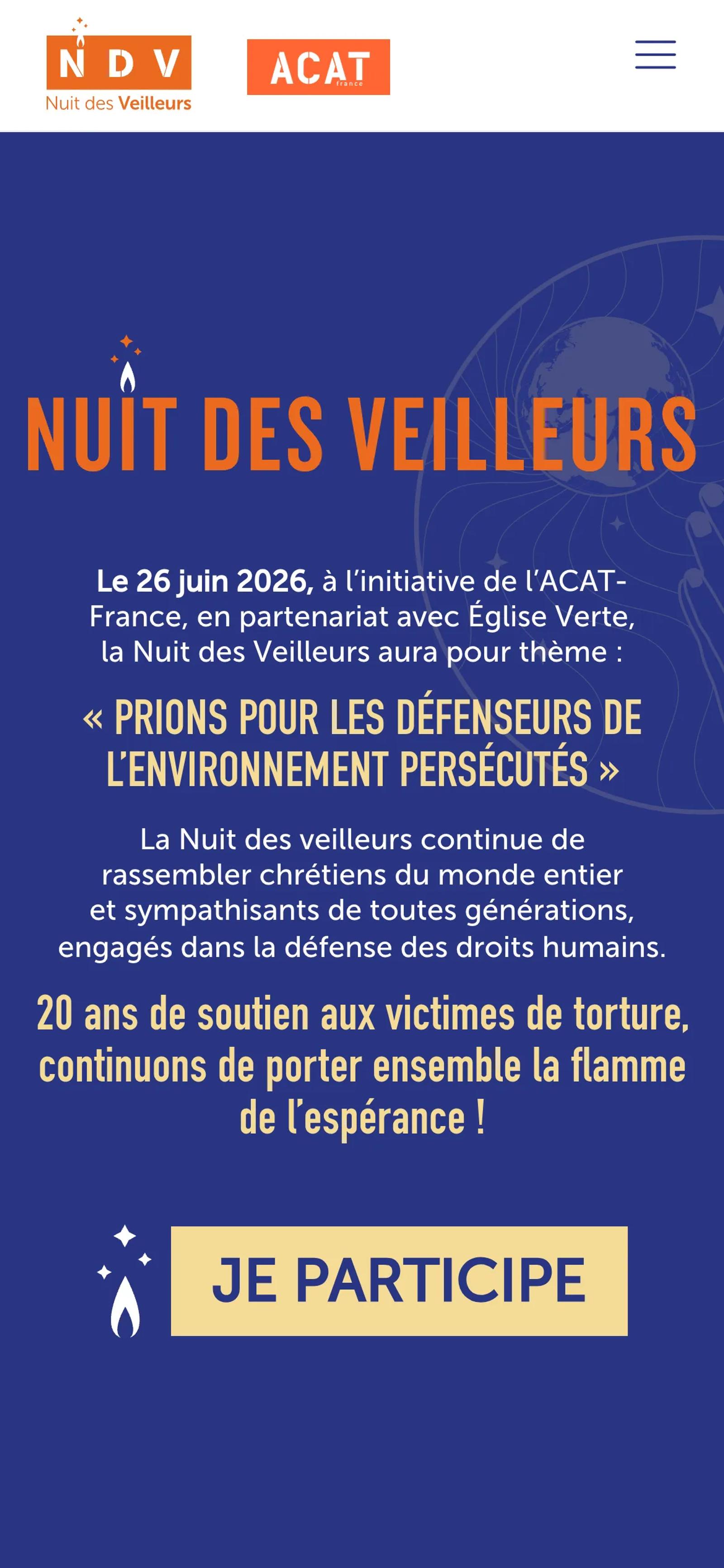 Page d’accueil du site Nuit des Veilleurs sur mobile