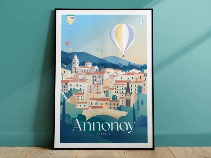 Affiche illustrée d’Annonay encadrée, posée contre un mur