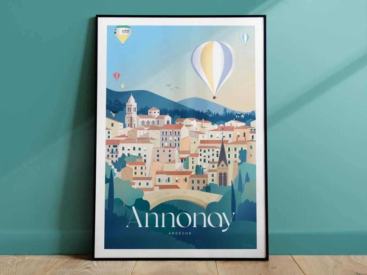 Affiche illustrée d’Annonay encadrée, posée contre un mur
