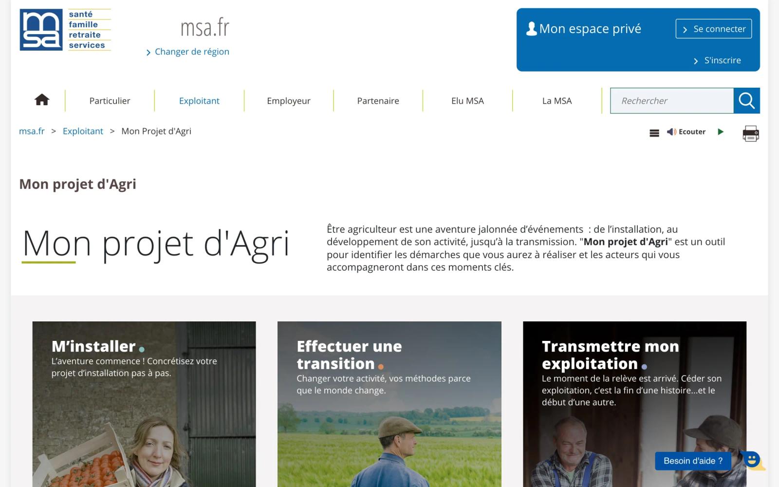 Accueil de Mon projet d’agri sur msa.fr : trois parcours, M’installer, Effectuer une transition, Transmettre mon exploitation