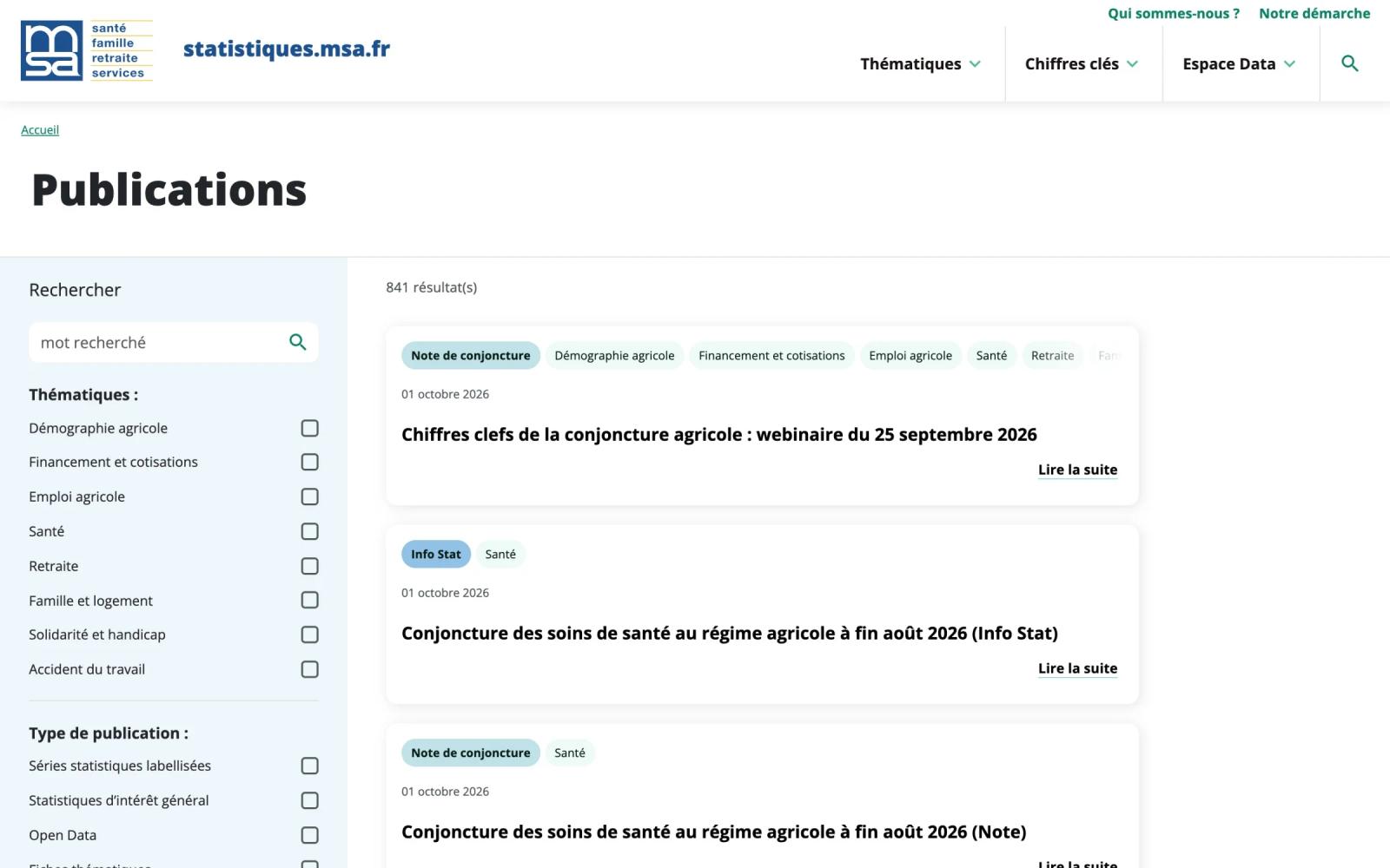 Page des publications : recherche et filtres par thématique et type de publication