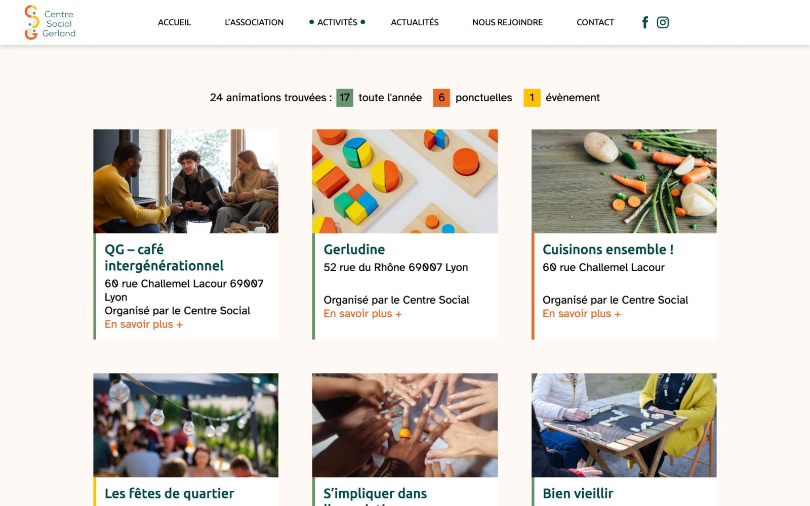 Page des activités : filtres par public et cartes des animations