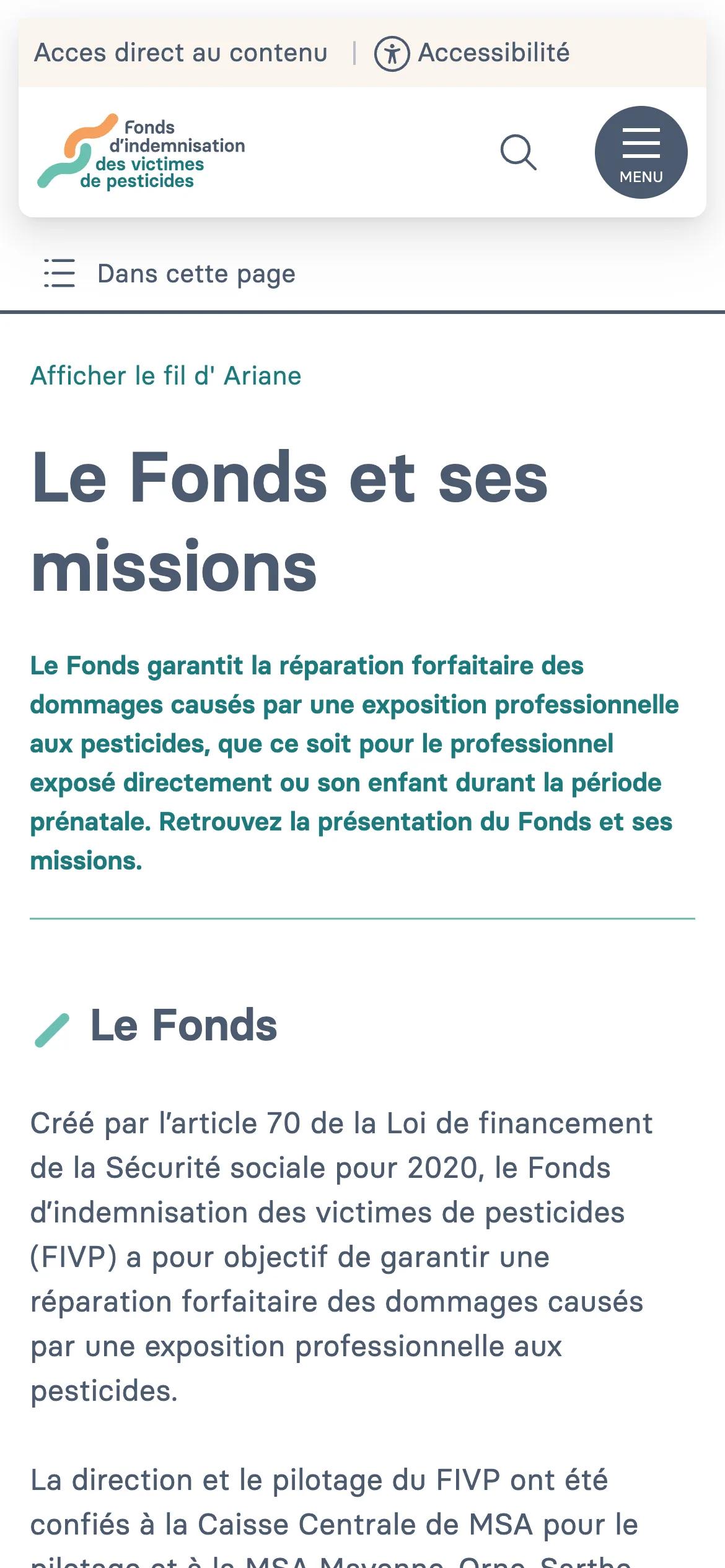 Version 2026 : page « Le Fonds et ses missions » sur mobile
