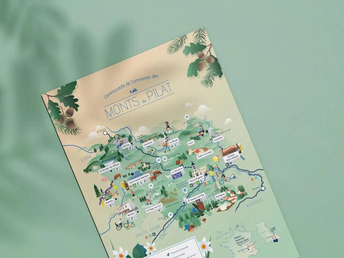 Carte illustrée des Monts du Pilat imprimée, posée de biais