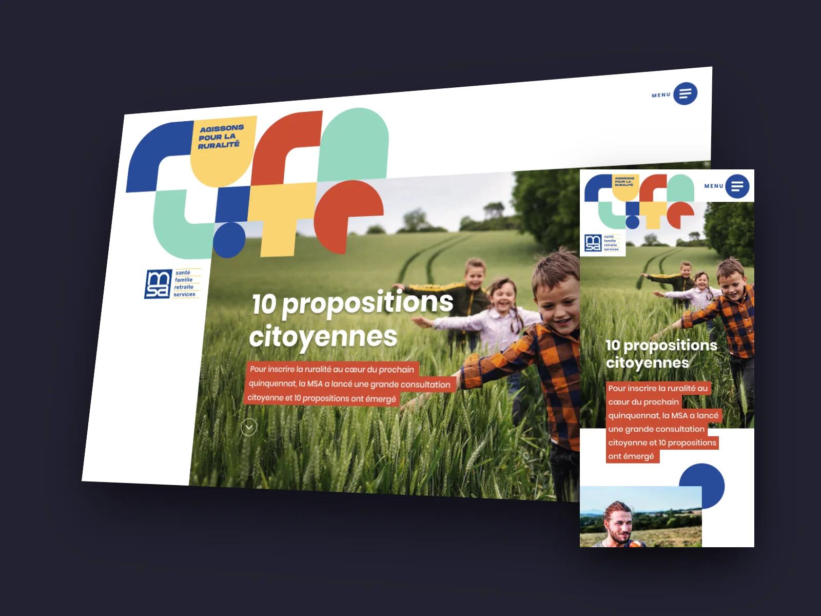 Maquettes du site Agissons pour la ruralité (MSA) sur ordinateur et sur mobile