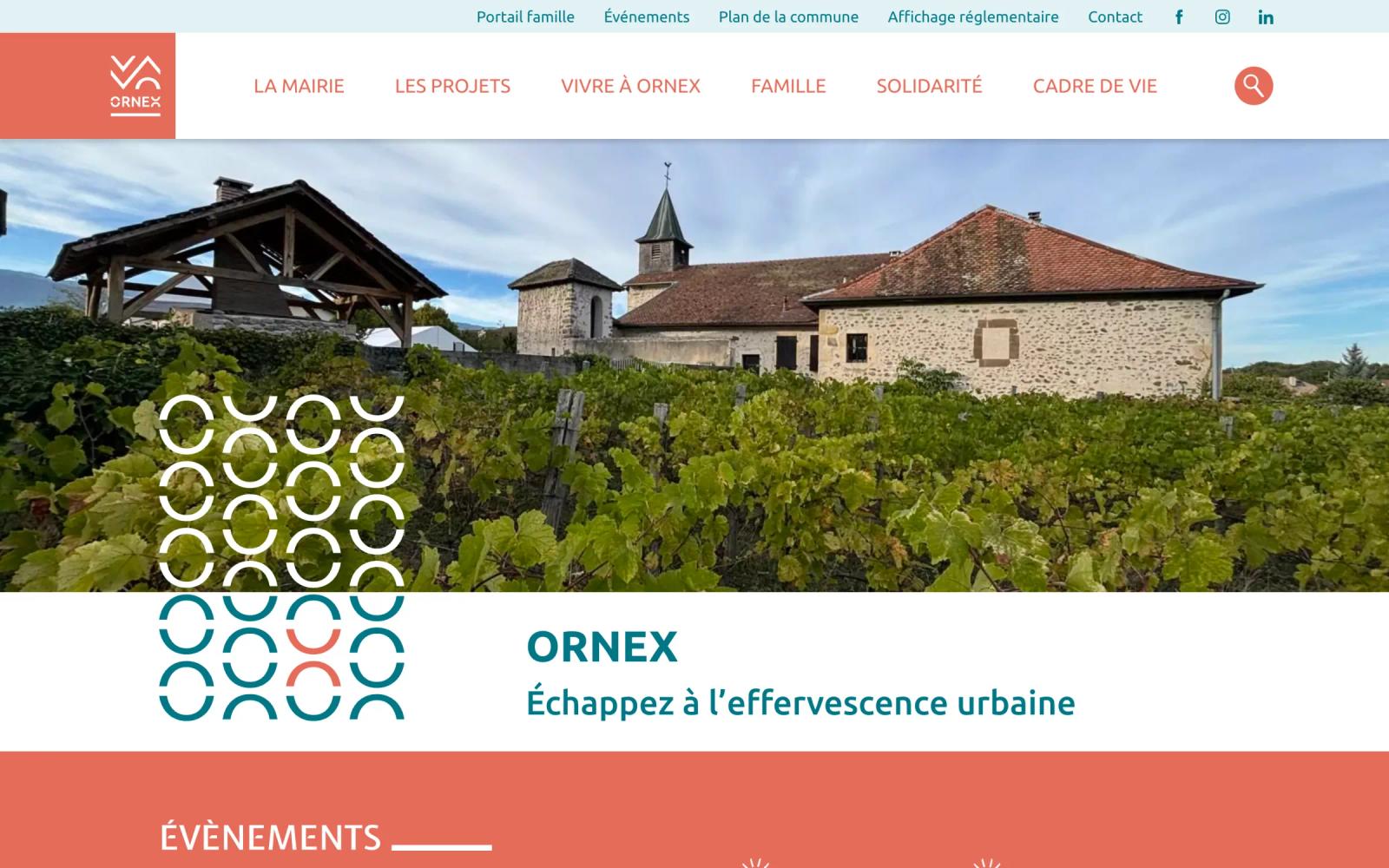 Site de la mairie d’Ornex sur ordinateur : en-tête, menu principal et grande photo du village