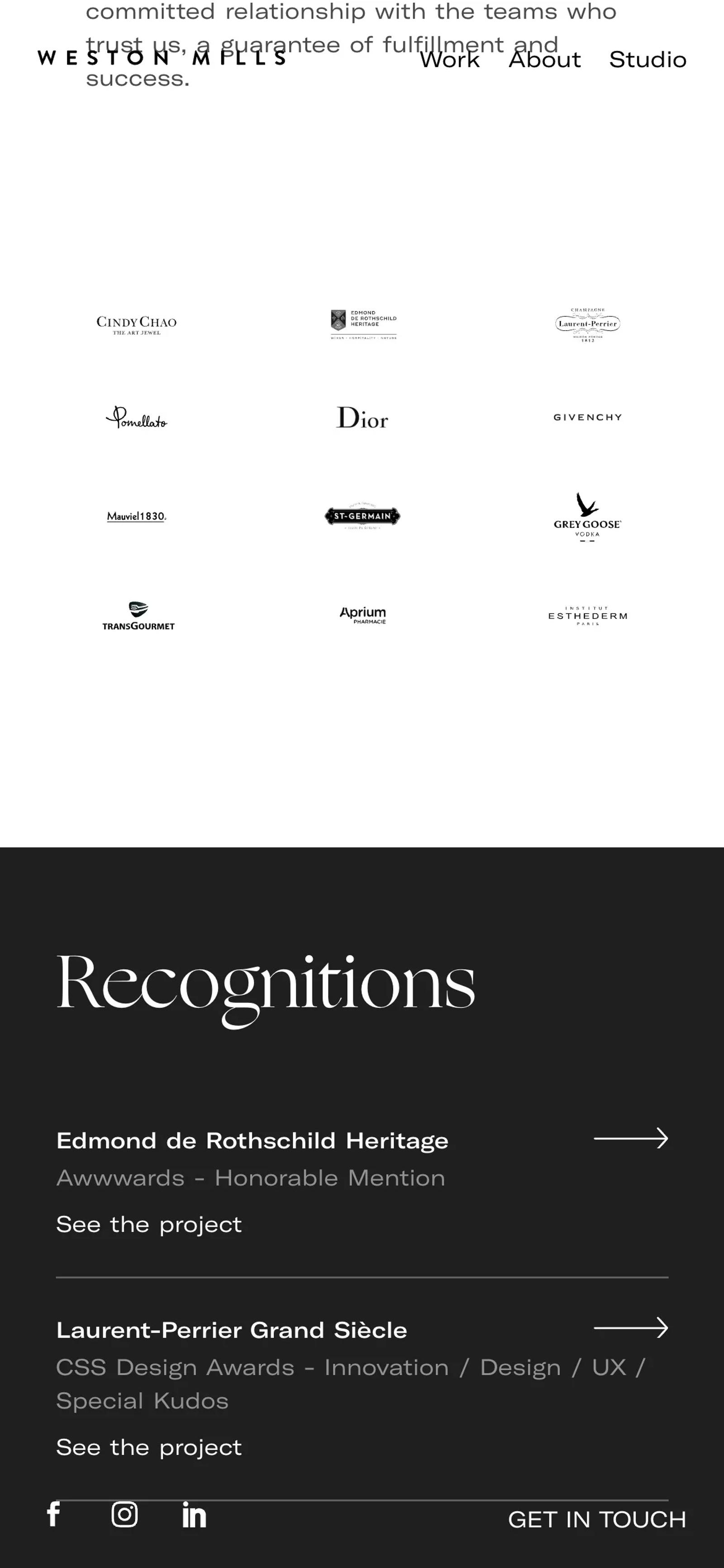 Page « About » sur mobile : références clientes et récompenses