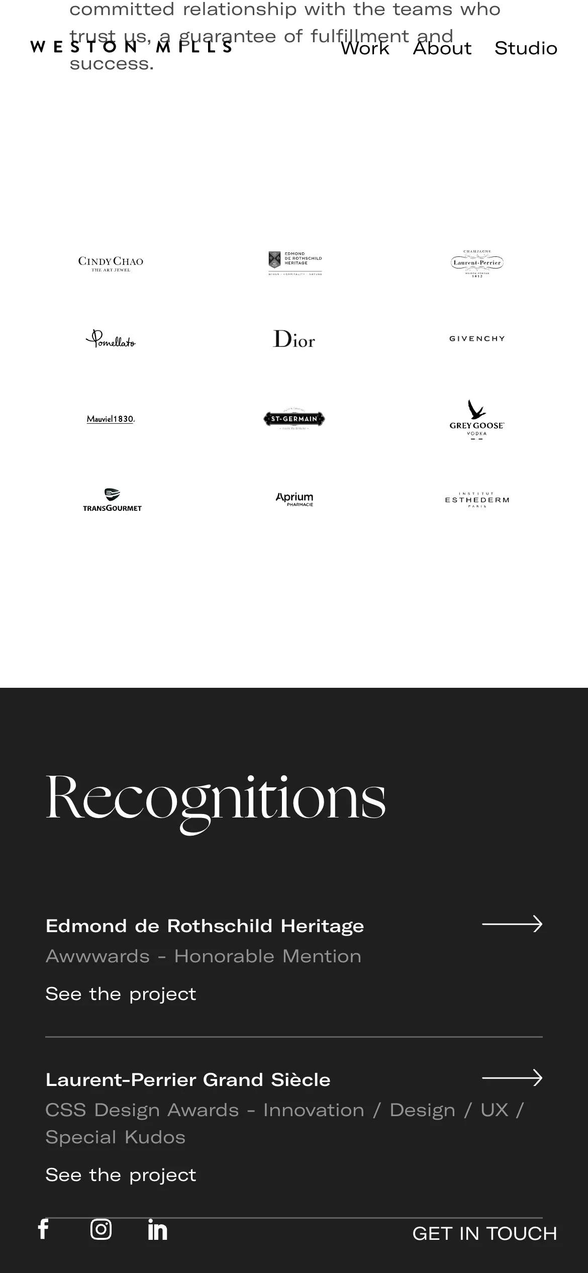 Page « About » sur mobile : références clientes et récompenses