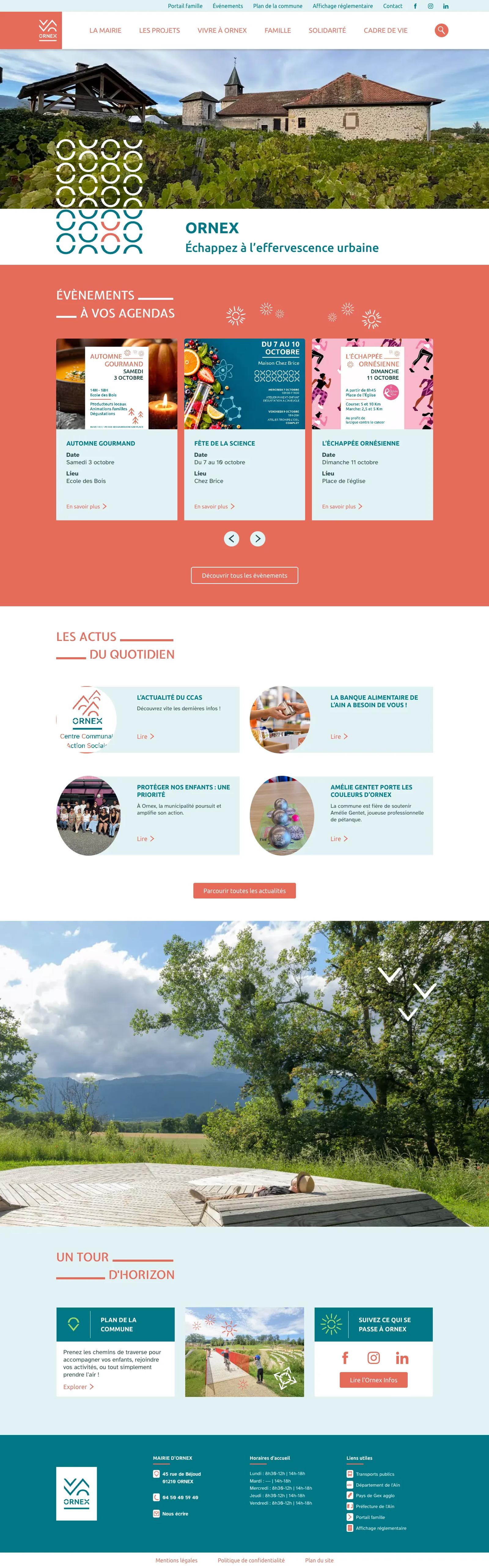 Page d’accueil complète du site d’Ornex : agenda des événements, actualités, tour d’horizon et pied de page