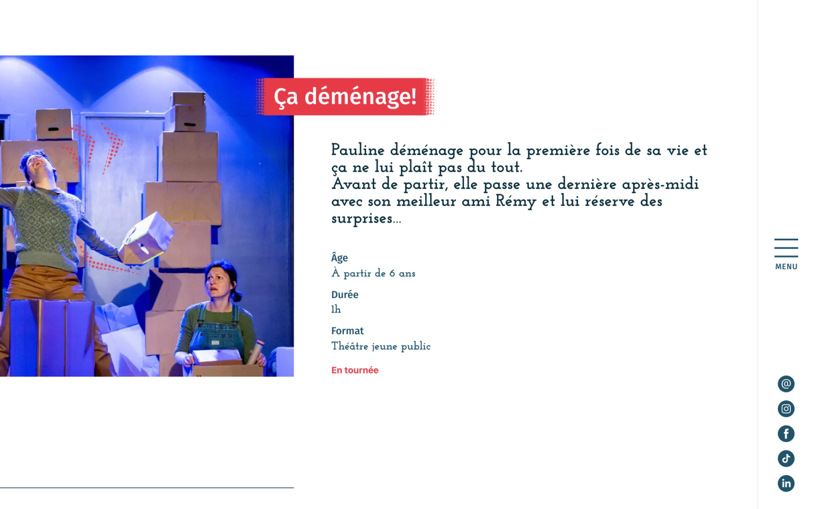 Fiche du spectacle « Ça déménage ! » : photo de scène, résumé, âge, durée et format.