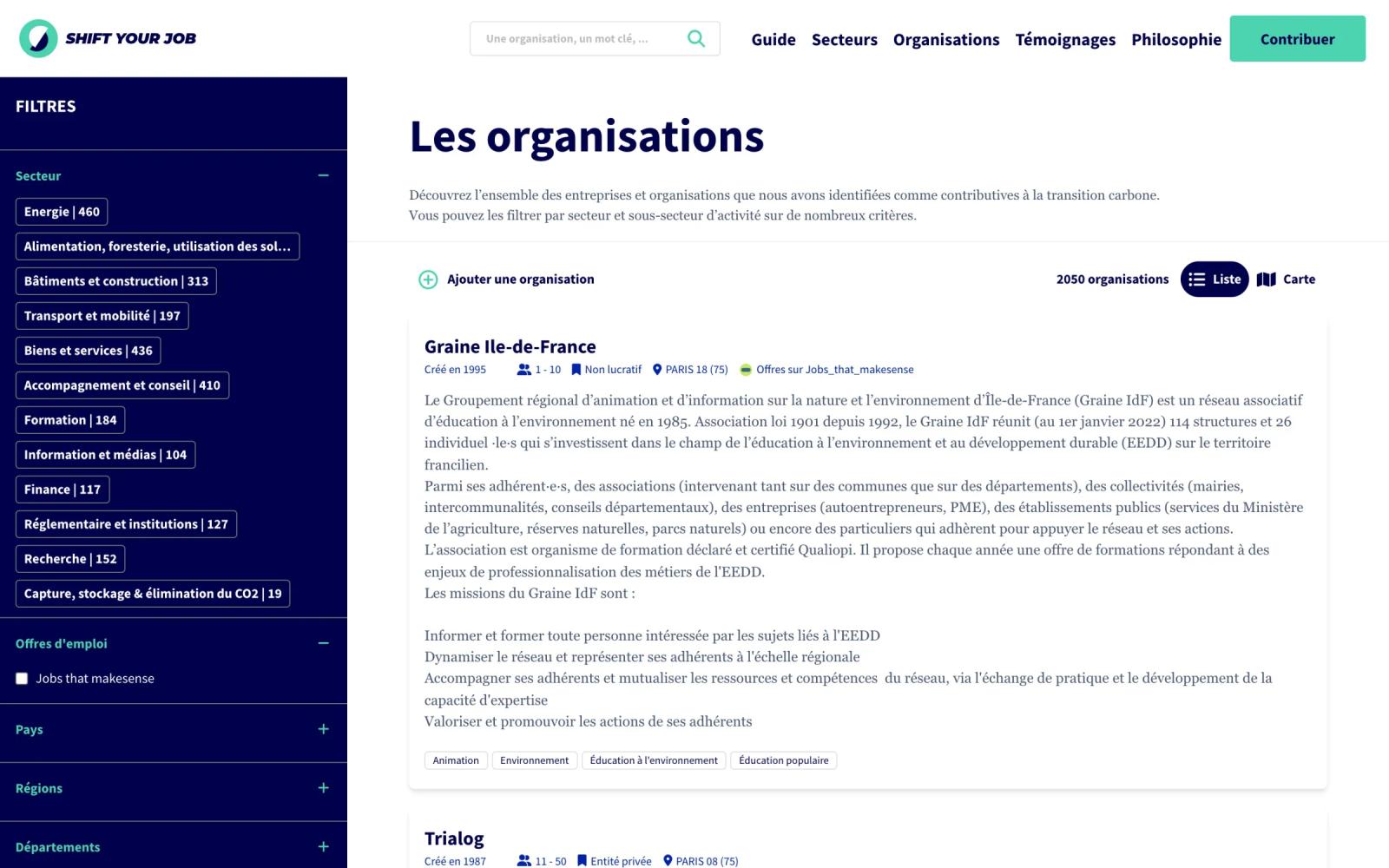 Annuaire des organisations : filtres par secteur, pays et région
