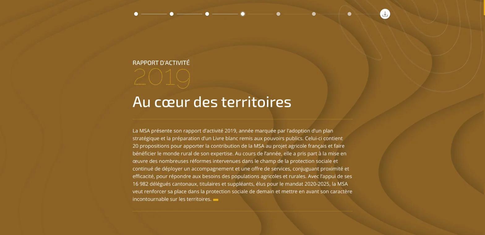 Rapport d’activité 2019 « Au cœur des territoires » : introduction sur fond topographique et navigation par chapitres