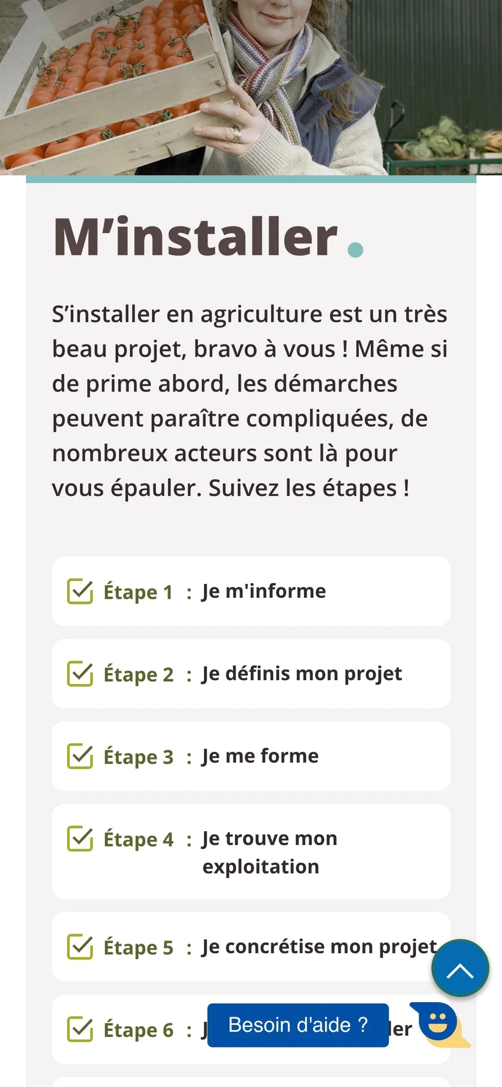 Parcours « M’installer » sur mobile : liste des étapes