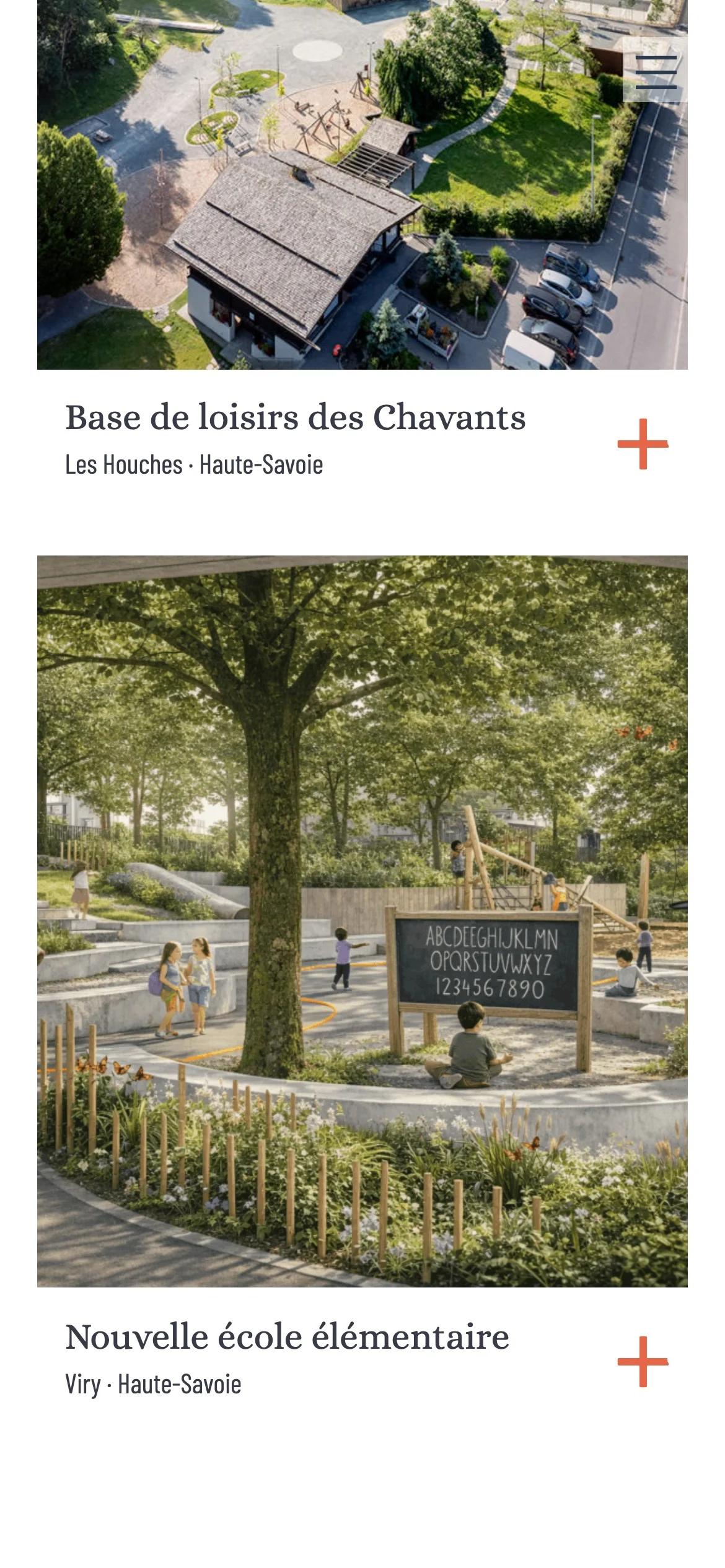 Sélection de projets sur mobile : base de loisirs des Chavants, nouvelle école élémentaire