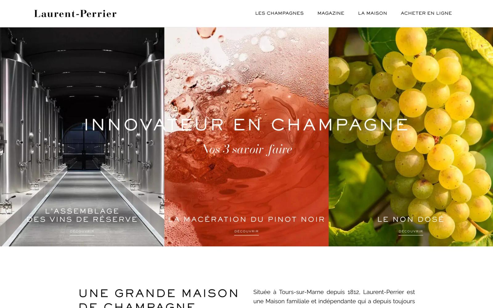 Page d’accueil Laurent-Perrier sur ordinateur : carrousel « Innovateur en champagne »