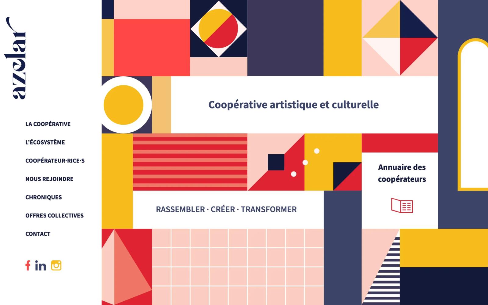 Accueil du site d’Azelar sur ordinateur : mosaïque géométrique colorée, « Coopérative artistique et culturelle »