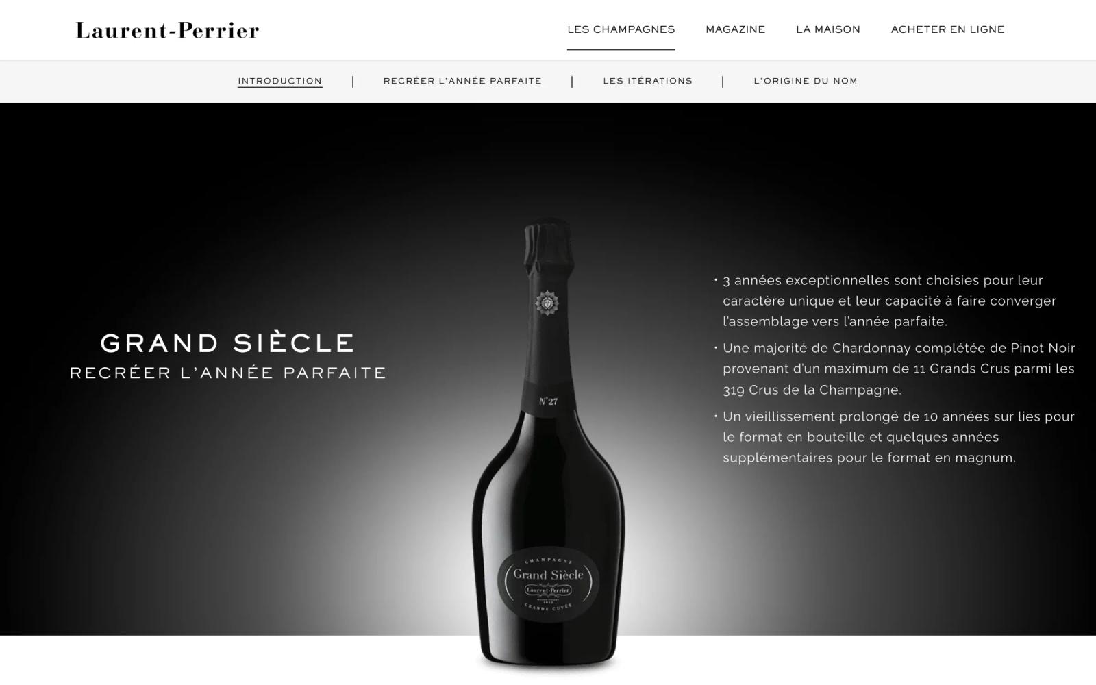 Page de la cuvée Grand Siècle sur ordinateur : bouteille sur fond noir et « Recréer l’année parfaite »