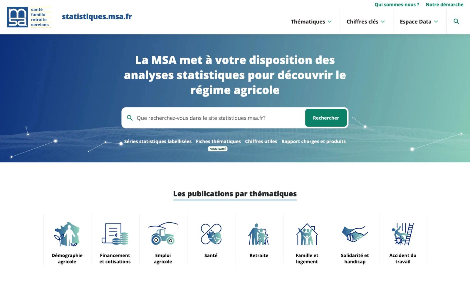 Accueil de statistiques.msa.fr sur ordinateur : moteur de recherche et publications par thématique