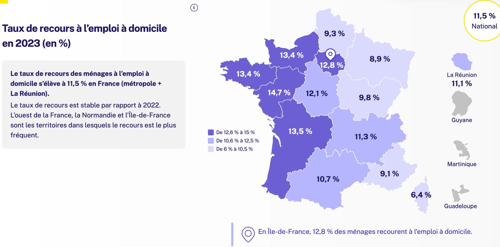 Carte de France interactive du taux de recours à l’emploi à domicile par région