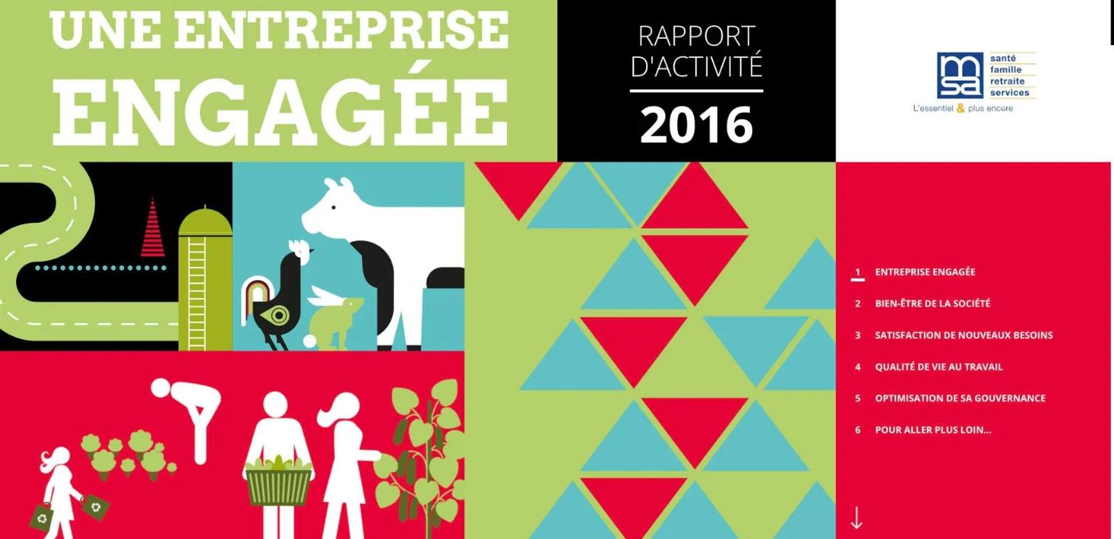 Rapport d’activité 2016 « Une entreprise engagée » : page d’accueil en mosaïque d’illustrations et sommaire des chapitres