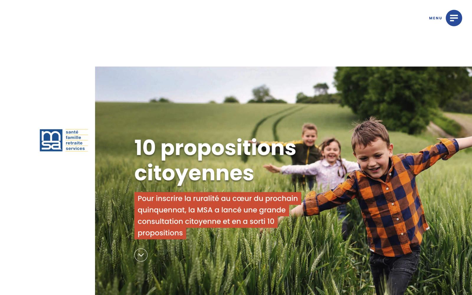 Page d’accueil du site Agissons pour la ruralité sur ordinateur : « 10 propositions citoyennes »