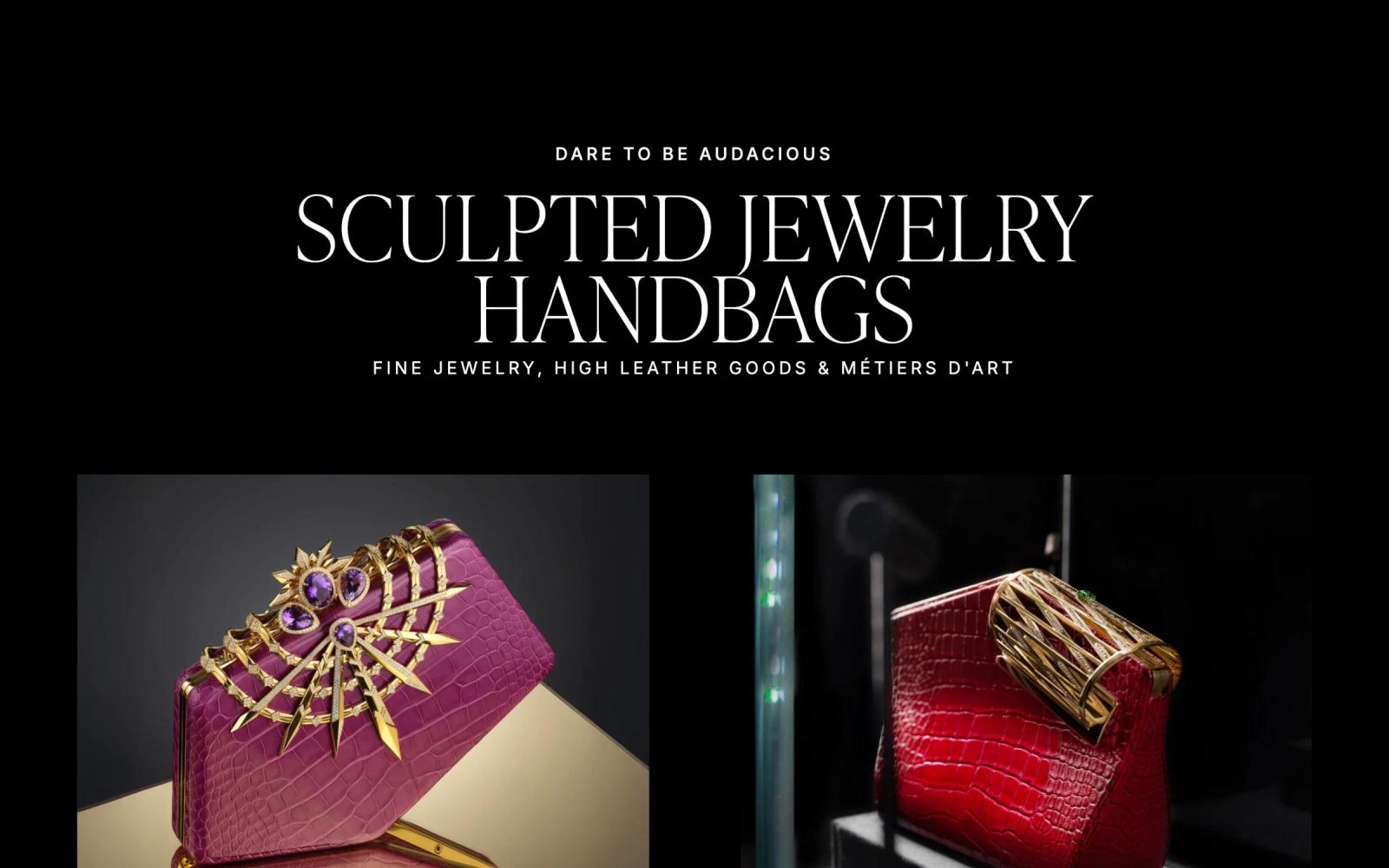 Section « Sculpted jewelry handbags » : deux sacs-bijoux en cuir rouge et or